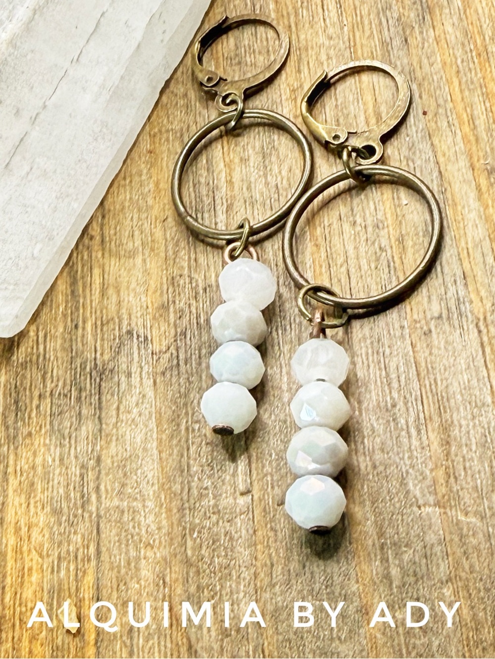 White Faceted Bead Drop Earrings with Antique Gold Hoops